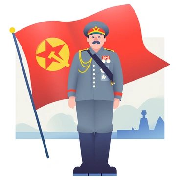 Joseph Stalin is depicted wearing a gray military uniform adorned with various medals and insignia. He stands straight and tall, exuding an air of authority. His cap features a red star emblem at the front. Behind him, the bright red Soviet flag billows, displaying the golden hammer and sickle emblem prominently in the center. The background is a muted landscape, suggesting a historic atmosphere, while Stalin's expression is serious and determined, embodying his leadership.