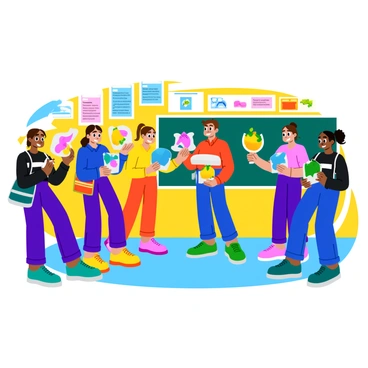 A classroom setting with several students standing in front of a bulletin board. The students are presenting a project about "plastic waste reduction." Each student is holding colorful models made from "recycled materials," showcasing various creative designs. Some models are shaped like animals, and others resemble plants or everyday objects. The students are wearing casual clothes and smiling as they explain their projects to attentive classmates. Bright posters with informative graphics about recycling and sustainability are displayed around the room.