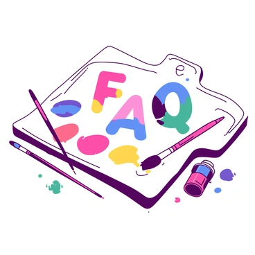 A white artist's palette is depicted with blobs of paint in various bright colors forming the letters "F", "A", and "Q". Each letter is distinct and made up of random splotches of paint. Surrounding the palette, there are paintbrushes with colorful bristles resting against the edge, and a few paint tubes scattered nearby, some open with colors spilling out. The palette itself has a smooth surface with a slight curve, emphasizing the vibrant colors of the paint.