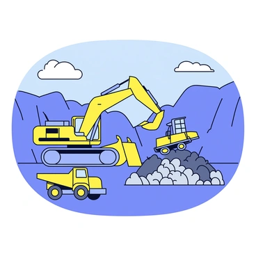 Heavy machinery working in a vast quarry extracting minerals from the earth.
