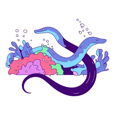 A duotone illustration features a group of moray eels swimming together in harmony. The eels vary in size, with some being small and slender while others are larger and more robust. Each eel has distinct patterns and textures on their skin, showcasing various shades of color that enhance their unique appearances. They gracefully weave through vibrant coral formations that add depth to the scene. Bubbles trail behind the eels as they move, creating a sense of fluid motion in the water around them.