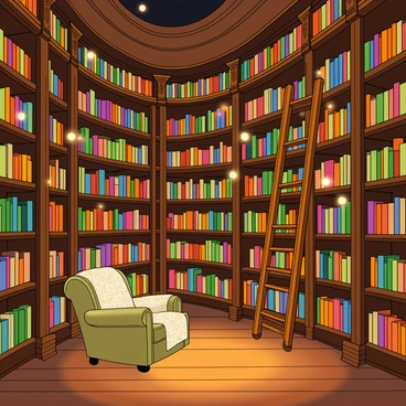 A grand enchanted library filled with towering wooden shelves brimming with colorful books. The books appear to float in mid-air, some open and pages flipping gently as if a breeze is guiding them. A warm, magical glow emanates from small orbs of light scattered throughout the library, casting soft illumination that highlights the intricate carvings on the wooden shelves. The floor is made of polished dark wood, reflecting the light, while a large ornate ladder leans against one of the shelves, inviting exploration. A cozy reading nook with a plush armchair sits in one corner, draped with a knitted blanket.