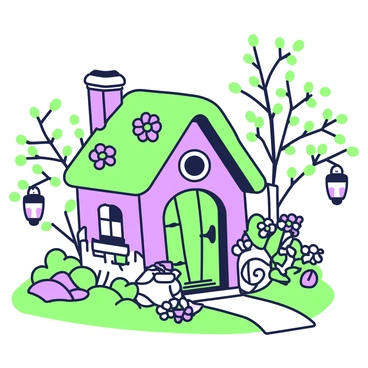 A whimsical fairy cottage is nestled among lush greenery. The cottage features a thatched roof with a crooked chimney and a wooden door adorned with intricate carvings. Surrounding the cottage, there are vibrant flowers with delicate petals swaying gently in the breeze. Glowing lanterns hang from branches of nearby trees, casting soft light in the twilight. A small stone path leads up to the door, bordered by clusters of flowers, inviting one to approach the charming dwelling.