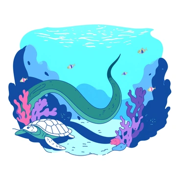 A teal moray eel is gliding gracefully through clear blue water, its long body weaving among vibrant coral formations. Beside it, a white sea turtle swims slowly, its flippers moving gently as it navigates the ocean depths. The sunlight filters through the water above, creating shimmering patterns on the sandy ocean floor. Colorful fish dart around the coral, adding life to the underwater scene.