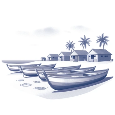 A fishing village with wooden boats moored along a sandy shoreline. The boats are varied in size and design, showcasing intricate details in their craftsmanship. Fishing nets are draped over the sides of the boats and spread out on the ground, suggesting recent use. Simple wooden houses with thatched roofs line the coast, with some featuring small porches overlooking the water. Tall palm trees sway gently in the background, completing the coastal scene. The sky above is clear, with a few wispy clouds scattered throughout.