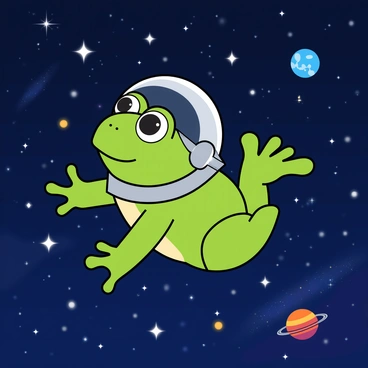 A bright green frog with large, bulging eyes is wearing a shiny silver space helmet that fits snugly around its head. The frog is floating gracefully in a vast expanse of deep blue space, surrounded by numerous twinkling stars of various sizes. Some stars shimmer in white, while others exhibit hues of blue and yellow. The frog's limbs are extended, and its webbed feet are visible, contributing to its buoyant appearance. A few colorful planets and distant galaxies can be seen in the background, adding to the celestial scene.