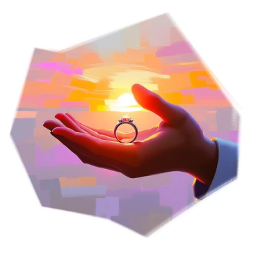 Silhouetted hands holding a wedding ring against a sunset backdrop