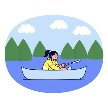 Sarah is sitting in a small boat gently gliding over a calm lake. The boat is painted a soft blue and has a simple design. Sarah is wearing a bright yellow life jacket and has her hair tied back in a ponytail. She is holding a single oar, which she is using to paddle quietly. The surface of the lake reflects the surrounding green trees and a clear blue sky. A few fluffy white clouds float overhead.