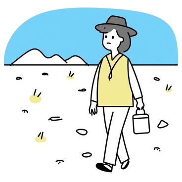 A person wearing a wide-brimmed hat and a light-colored shirt is walking through an arid landscape. The ground is cracked and dry, with sparse patches of yellow grass and small rocks scattered throughout. In the distance, there are low, rugged hills under a blue sky. The person is holding a metal canteen in one hand, looking intently towards the horizon, searching for any signs of water.