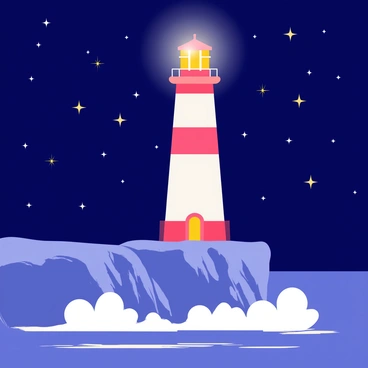 A tall lighthouse stands on a rocky cliff, its white and red striped tower prominent against the backdrop of a deep blue night sky. A bright beam of light emanates from the top of the lighthouse, cutting through the darkness. The sky is filled with numerous twinkling stars, adding a sense of wonder to the scene. Below, the ocean waves crash against the base of the cliff, creating frothy white splashes that contrast with the darker waters. The overall composition highlights the lighthouse's guiding light amidst the vast, starry expanse.