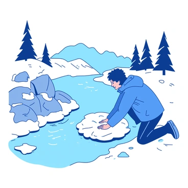 A person, wearing a blue winter jacket, is kneeling by a frozen river covered in a layer of ice. Their bare hands are pressing against the icy surface, attempting to break through. The scene includes patches of white snow surrounding the riverbank, and gray rocks partially peeking through the ice. In the background, tall evergreen trees are dusted with snow, and the sky is a muted shade. The person's breath is visible in the cold air as they concentrate on the ice.