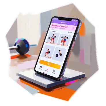 A close-up of a smartphone screen displaying a fitness app interface. The screen shows a detailed barbell curl tutorial with step-by-step instructions. There are clear images illustrating the correct posture and movement for the exercise. The app features vibrant colors and easy-to-read text, including the title "Barbell Curl Tutorial" prominently at the top. Below the images, there are additional icons for tips and a timer. The phone is resting on a wooden surface with a blurred gym background, enhancing the fitness theme.