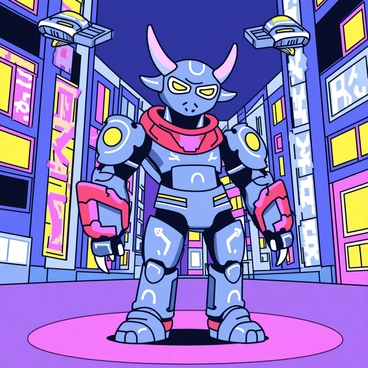 A futuristic oni with intricate, metallic armor featuring red and blue accents stands confidently in a vibrant neon-lit cityscape. The oni has sharp, elongated horns and glowing eyes that reflect the colorful lights of the city. Surrounding the oni are tall buildings adorned with neon signs in various languages, creating a lively atmosphere. The ground is illuminated by soft neon glows, and flying vehicles zip through the air above.