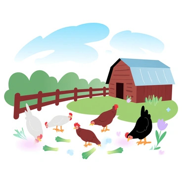 A vibrant farm scene features several chickens actively pecking at scraps of celery scattered on the ground. The chickens are a mix of colors, including white, brown, and black. In the background, there is a rustic wooden barn with a slanted roof. Green grass and a few scattered wildflowers grow around the area. A wooden fence encloses the scene, adding to the farm atmosphere. Above the chickens, fluffy clouds drift across a bright, blue sky.