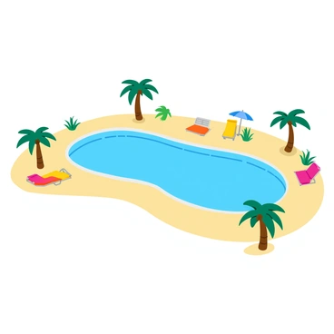 A pool designed to resemble a sandy beach, featuring light beige sand lining the edges. Gentle waves ripple across the surface of the water, creating a realistic beach atmosphere. Palm trees are strategically placed around the pool, providing shade. Colorful beach umbrellas are scattered across the sandy areas, with a few beach chairs positioned for relaxation. A clear blue sky is visible overhead, enhancing the tropical feel of the scene.