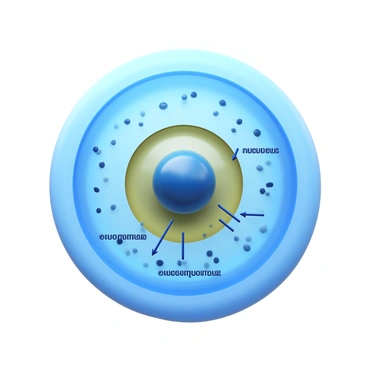 A 3D icon of an animal cell's nucleus, prominently displayed in the center of the image. The nucleus is surrounded by a smooth, double-layered nuclear envelope. Within the nucleus, "chromatin" is depicted as a dense, finely textured material scattered throughout. A distinct, spherical structure labeled as "nucleolus" is situated within the chromatin, appearing darker and more concentrated. Detailed labels point to each of these components, clearly identifying them. The overall structure has a translucent quality, allowing for a clear view of the internal features.