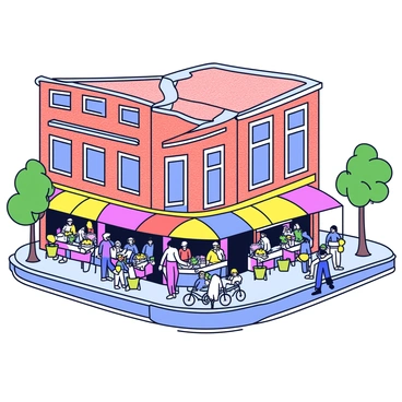 A bustling street corner market with vendors and brick buildings