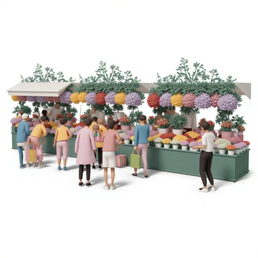 A vibrant flower market in Paris, filled with an array of colorful flowers including red roses, yellow tulips, and purple lilacs. Numerous people of various ages are interacting, some are examining the flowers while others are carrying bouquets. Stalls are adorned with green foliage and filled with freshly cut blooms, creating a lively atmosphere. The scene captures the essence of a busy market day with people chatting and enjoying the beautiful floral displays.