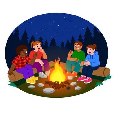 A group of three children sitting on logs around a brightly glowing campfire. The children have wide eyes and are leaning forward, clearly engaged in a ghost story being told by an older sibling. One child has curly hair and is wearing a red plaid shirt, another has straight hair tied in a ponytail and is wearing a blue hoodie, while the third has short hair and is wearing a green t-shirt. The campfire is surrounded by scattered sticks and stones, casting warm light and shadows on their excited faces. In the background, silhouettes of trees are visible against a darkening sky filled with twinkling stars.