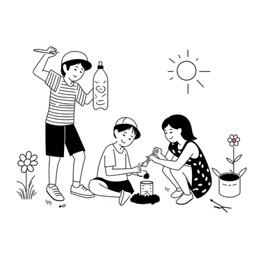 A group of three children, two boys and a girl, are working together in a garden. One boy is holding a large plastic bottle while cutting it in half, wearing a striped t-shirt and shorts. The second boy, with a baseball cap, is painting the outside of a tin can with bright designs, sitting on a patch of grass. The girl, wearing a floral dress, is filling a small cardboard box with soil, smiling as she interacts with the others. Around them, various blooming plants like daisies and sunflowers are visible, with their leaves and flowers detailed. Tools like scissors and paintbrushes are scattered on the ground. The sun is shining down, casting clear shadows on the ground.