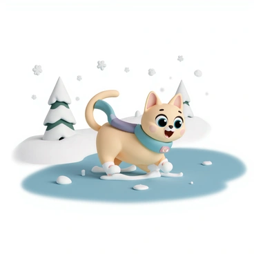 A cartoon cat, with a playful expression and fluffy fur, is gracefully ice skating on a smooth frozen pond. The cat has big, expressive eyes and is wearing a colorful scarf that flows behind it as it glides. Snowflakes are falling gently from the sky, landing softly on the pond and the cat's back. The surrounding area is blanketed in a layer of fresh snow, with a few trees in the background dusted with white. The scene captures the joy and fun of winter activities.