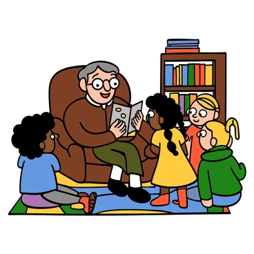 An elderly man with light skin and gray hair, wearing a brown cardigan and glasses, sits comfortably in a cozy armchair. He has a warm smile and expressive eyes as he animatedly shares war stories. Surrounding him are a group of four children, each with big eyes, showing rapt attention. One child has curly brown hair, wearing a blue t-shirt; another has straight black hair, wearing a yellow dress; a third has blonde hair in braids, wearing a red shirt; and the fourth has short hair and wears a green hoodie. The living room has a warm ambiance, with soft lighting, a bookshelf filled with books, and a colorful rug beneath their feet.