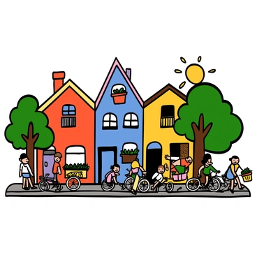 A row of brightly painted townhouses with vibrant colors such as red, blue, yellow, and green, each having distinct architectural features like balconies and flower boxes. The townhouses are closely lined up next to each other, with inviting doorways. The street is bustling with activity, featuring people walking, children playing, and bicycles parked against the buildings. There are lush green trees lining the sidewalk, and colorful potted plants add charm to the scene. Sunlight casts cheerful shadows, enhancing the lively atmosphere of the neighborhood.