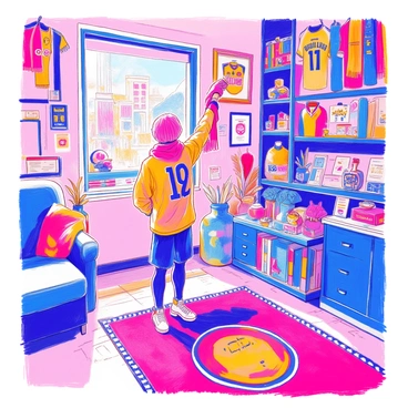 A dedicated ultras fan is standing in a room filled with team memorabilia. The walls are adorned with various team scarves hanging prominently. There are framed jerseys displayed on the walls, showcasing the team's colors and logos. Shelves are lined with collector's items, such as miniature figurines, matchday programs, and signed footballs. The floor is covered with a large team logo rug. The fan is wearing a team jersey and a beanie, passionately holding a scarf aloft.