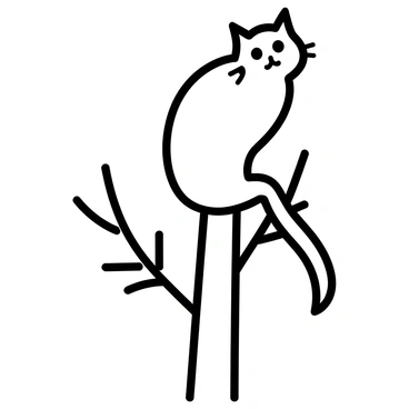 An outline of a cat, positioned high up in a tree. The cat is depicted with a slightly arched back and wide eyes, gazing down curiously. The tree has a thick trunk and several branches extending outward. The leaves are sparse, allowing the silhouette of the cat to be clearly visible against the sky.