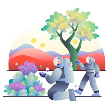 Two astronauts in sleek, silver spacesuits are exploring a vibrant, alien planet. The first astronaut, with a clear visor revealing their face, is kneeling down to examine a cluster of large, bioluminescent plants with bright purple and blue hues. The second astronaut is standing nearby, pointing towards a massive, twisted tree with iridescent leaves that shimmer in shades of green and gold. In the background, rolling hills covered in soft, red grass can be seen, along with a sky filled with multiple suns casting a warm glow over the landscape. Small, colorful creatures can be seen darting between the plants, adding life to the scene.