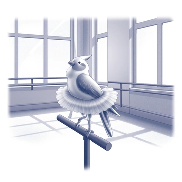 A cockatiel standing on its perch, wearing a delicate "tutu" around its waist. The bird is positioned gracefully, holding a pose typical of ballet, with one foot raised slightly off the perch. The dance studio has mirrored walls reflecting the cockatiel and wooden flooring beneath. There are ballet barres mounted along the walls, and soft light filtering in from large windows, casting gentle shadows in the space.