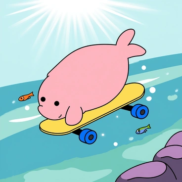 A blobfish with a pink, gelatinous appearance is riding a skateboard. The skateboard is colorful with blue wheels and a bright yellow deck. The blobfish has wide, expressive eyes and a slightly surprised expression as it balances on the skateboard. Beneath it, a smooth ocean current path swirls in various shades of blue and green, with small bubbles rising around it. Some small fish swim nearby, curiously observing the blobfish's unique ride. Sunlight filters down through the water, creating a shimmering effect around the scene.