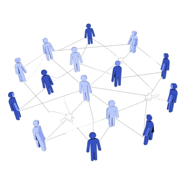 A complex network of people is depicted, each person represented as a small figure. The figures are connected by intricate lines that illustrate the communication between them. Some lines are straight, while others are curved, creating a dynamic pattern across the scene. Each figure has distinct features, representing diversity among the individuals. Some figures are engaged in conversation, while others appear to be listening attentively. The background is simple, allowing the focus to remain on the figures and the connections of communication that bind them together.