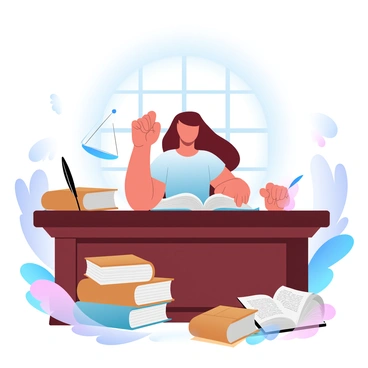 Themis, a figure symbolizing justice, is seated at a grand, ornate desk made of dark wood. The desk is filled with numerous ancient law books, stacked haphazardly, and some are open displaying intricate text. A quill and inkpot are positioned beside the books, indicating ongoing contemplation. The figure of Themis is holding a set of scales in one hand, representing balance, while the other hand rests thoughtfully on a book. A large window behind her lets in soft, diffused light, illuminating the scene with subtle gradient pastel colors.