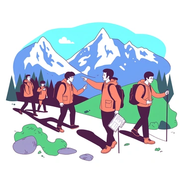 An adventurous muster of explorers hiking through a majestic mountain range