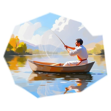 A Renaissance fisherman with dark hair and wearing a simple tunic is casting a large net from a small wooden boat. He has a focused expression as he skillfully throws the net into the still water of a tranquil lake. The boat is made of weathered wood, with gentle waves lapping against its sides. Surrounding the lake are lush green trees and soft hills, providing a peaceful backdrop to the scene. The sky above is clear with a few fluffy clouds, reflecting in the surface of the water.