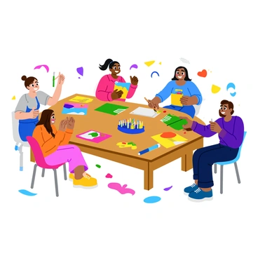 A wooden table covered with various art supplies, including colorful paints, brushes, markers, and sheets of paper. Several people are gathered around the table, engaged in crafting activities. One person is painting a vibrant picture, while another is cutting shapes from colorful paper. A third individual is assembling a collage with stickers and glitter. Everyone has a joyful expression, showcasing the excitement of creativity. Scattered around the table are paint splatters and bits of paper, indicating a lively and productive crafting session.