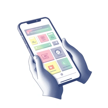 A smartphone is positioned upright, showcasing its screen prominently. The display features a revision app interface, filled with various progress trackers that indicate completion percentages. There are colorful quiz feature buttons arranged neatly on the screen, each labeled with different subjects or topics. The icons for each quiz feature are distinct and easy to identify, enhancing the user experience. The smartphone is held securely in two hands, emphasizing interaction with the app.