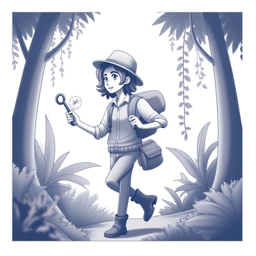 A cartoon adventurer with a determined expression is navigating through a dense jungle. The adventurer is wearing a wide-brimmed hat and a rugged outfit, with pockets bulging with exploration tools. In one hand, they hold a hook-shaped compass, which points in a specific direction. Surrounding them are tall trees with thick trunks and large leaves. Vines hang down from branches, and in the background, there are glimpses of exotic plants and possibly hidden wildlife. The adventurer's posture conveys a sense of curiosity and adventure as they explore the vibrant landscape.