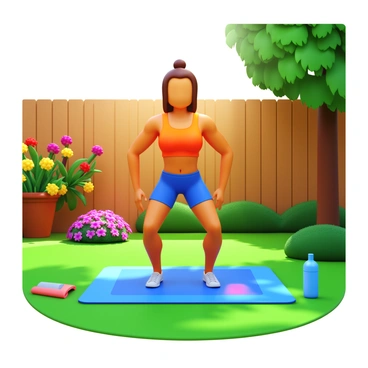 A fitness enthusiast wearing a bright tank top and comfortable athletic shorts is practicing squats in a well-maintained backyard garden. The garden features vibrant flowers in various colors, a neatly trimmed lawn, and a few potted plants. Sunlight filters through the leaves of a nearby tree, casting soft shadows on the ground. The enthusiast is focused and determined, with a water bottle placed on the grass nearby. A colorful yoga mat lies on the ground, enhancing the workout area.