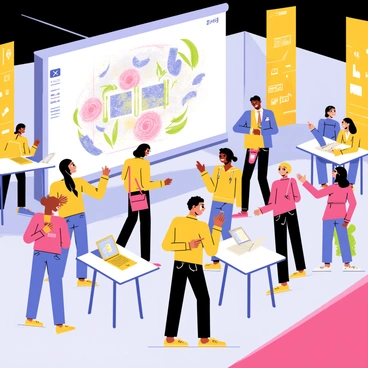 A tech convention setting featuring a large screen displaying vibrant digital artwork being created using software. A diverse group of onlookers, including individuals of different ages and backgrounds, are gathered around, expressing amazement with wide eyes and smiles. Some are pointing at the screen, while others are chatting excitedly amongst themselves. Tables with laptops and other tech gadgets are scattered throughout the convention space, adding to the modern atmosphere. Bright, colorful banners showcasing technology and digital art surround the area.