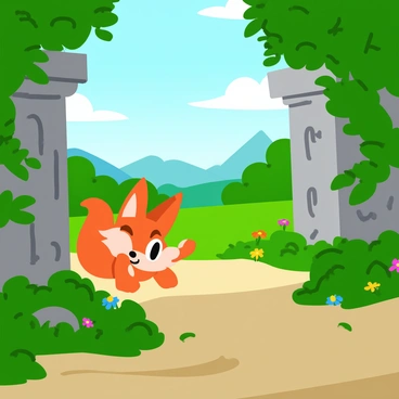 A character with fox-like features, including elegant ears and a flowing tail, is exploring "mysterious ancient ruins" that are adorned with "lush green vines." The ruins consist of weathered stone structures and pillars, partially hidden by the thick vegetation. Sunlight filters through the trees, creating dappled patterns on the ground. The character gazes curiously at intricate carvings on the stone, and small, colorful flowers peek out from between the vines. In the background, a serene landscape with distant mountains can be seen.