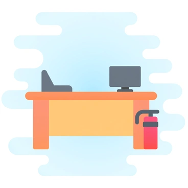 An office workplace with a desk, a computer, and a fire extinguisher positioned beside the desk.