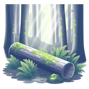A dense forest scene filled with towering trees surrounding a damp, fallen log. The log is partially covered in rich green moss that blankets its surface. Lush ferns grow in clusters around the log, their fronds unfurling gracefully. Shafts of soft light filter through the canopy above, casting gentle shadows on the forest floor. The atmosphere is filled with the texture of varying shades of green, providing a sense of depth and natural harmony.