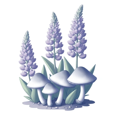 A cluster of mushrooms emerging from the ground beneath a dense arrangement of "purple lupine flowers." The mushrooms have rounded caps and slender stems, creating a natural contrast with the surrounding foliage. The lupine flowers stand tall, displaying their characteristic floral spikes and lush green leaves. The scene is rich in detail, with the texture of the mushroom caps and the intricate formations of the lupine petals clearly visible. The ground is covered in a mix of soil and small pebbles, providing a natural habitat for both the mushrooms and the flowers.