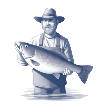An old-fashioned illustration of a fisherman in a hat holding a large carp