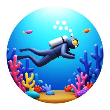 A scuba diver with a wetsuit and an oxygen tank strapped to their back. The diver is swimming through a vibrant coral reef. Colorful coral formations in various shapes and sizes surround the diver. Brightly colored fish are swimming among the corals. Sunlight filters through the water, creating a shimmering effect on the ocean floor. Bubbles rise from the diver’s regulator as they explore the underwater scene.