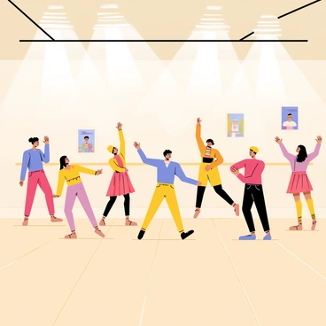 A dance studio featuring a spacious wooden floor with bright overhead lights illuminating the space. In the center, a group of performers is practicing their routine. They are dressed in colorful dance attire, showcasing a variety of styles. Each dancer has a unique pose, demonstrating their dedication and focus. A large wall mirror reflects their movements, enhancing the scene and allowing for practice and improvement. The background includes barre as well as posters of famous dancers lining the walls.