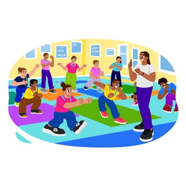 A colorful fitness studio filled with children energetically participating in a fitness class. In the center, a group of diverse children, both boys and girls, are practicing "face pulls" using resistance bands. Each child has a focused expression as they mimic the instructor's movements. The instructor, an energetic adult, demonstrates the technique with a smile, encouraging the children. Brightly colored mats line the floor, and motivational posters decorate the walls, featuring phrases like "Stay Active!" and "Have Fun!" The scene captures the excitement and camaraderie of the class as the children learn and enjoy their workout together.