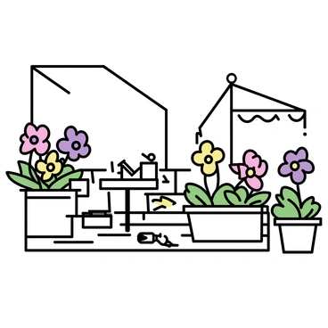 A small urban balcony garden filled with vibrant "colorful freesia blooms" in various shades of pink, yellow, and purple. The flowers are arranged in several pots of different sizes placed along the balcony railing. Lush green foliage surrounds the blooms, adding a fresh contrast. The balcony itself is made of wooden planks, and a small bistro table with two chairs is situated in one corner, partially shaded by a retractable awning. A few garden tools, like a small trowel and watering can, are resting nearby, emphasizing the garden's care and maintenance.